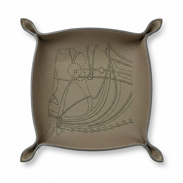 Embossed Leather Catchall Tray Foldable Cowhide Valet Tray with Botanical Pattern