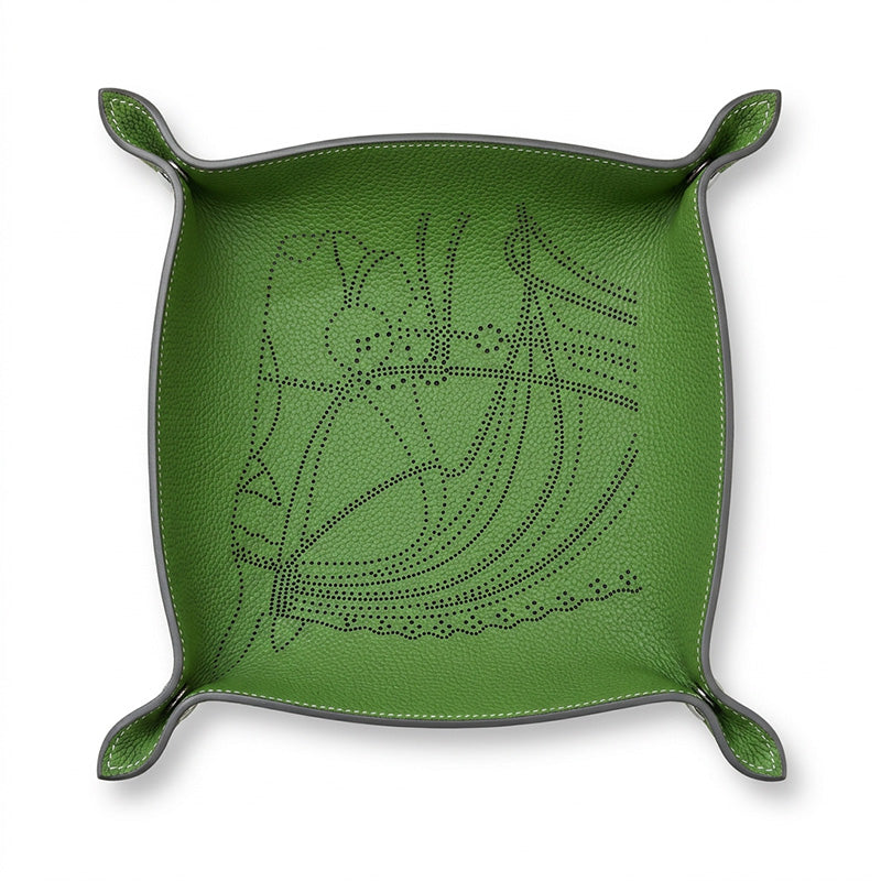 Embossed Leather Catchall Tray Foldable Cowhide Valet Tray with Botanical Pattern