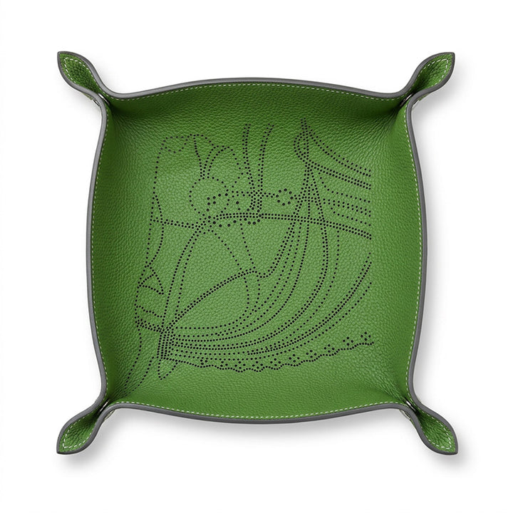 Embossed Leather Catchall Tray Foldable Cowhide Valet Tray with Botanical Pattern