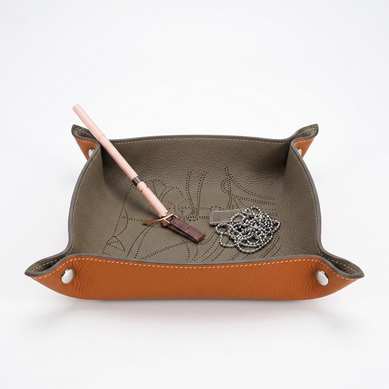 Embossed Leather Catchall Tray Foldable Cowhide Valet Tray with Botanical Pattern