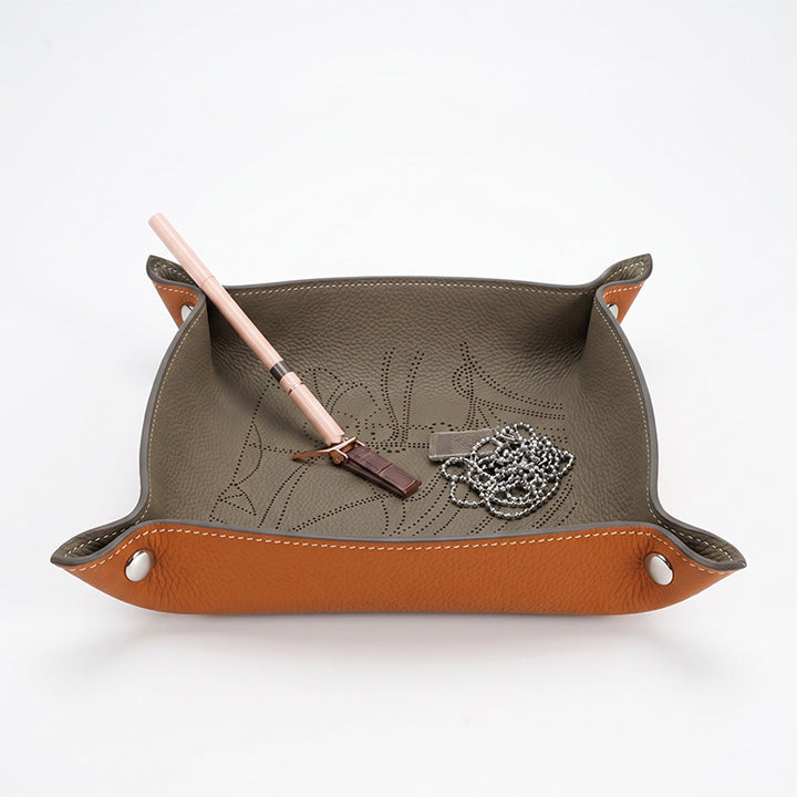 Embossed Leather Catchall Tray Foldable Cowhide Valet Tray with Botanical Pattern