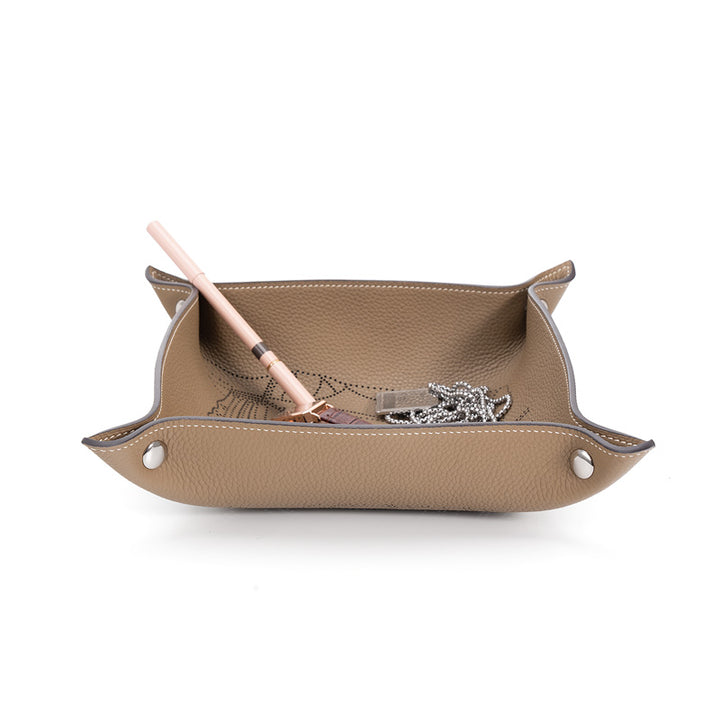 Embossed Leather Catchall Tray Foldable Cowhide Valet Tray with Botanical Pattern