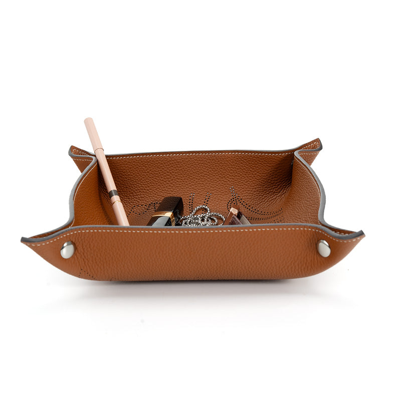 Embossed Leather Catchall Tray Foldable Cowhide Valet Tray with Botanical Pattern