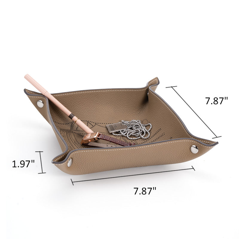 Embossed Leather Catchall Tray Foldable Cowhide Valet Tray with Botanical Pattern