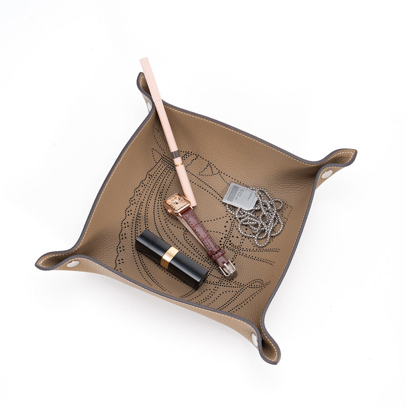 Embossed Leather Catchall Tray Foldable Cowhide Valet Tray with Botanical Pattern