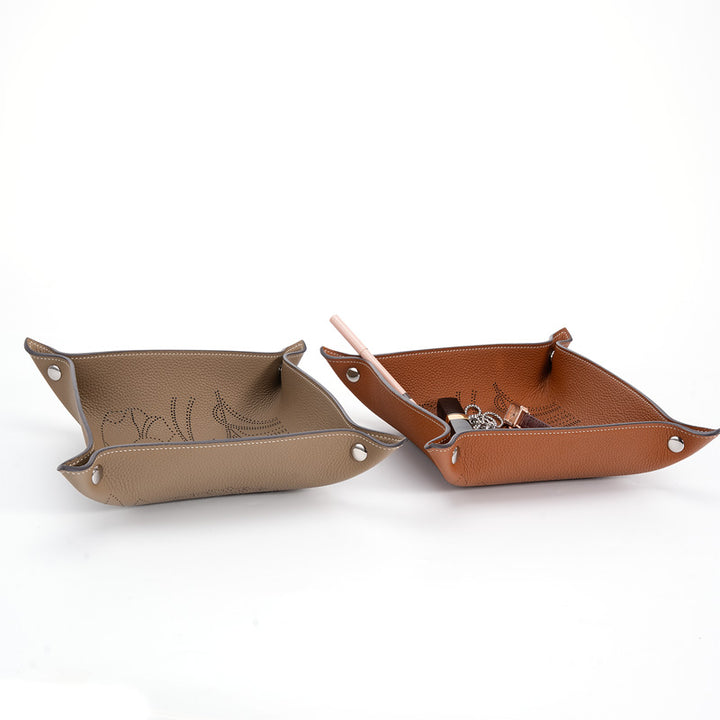 Embossed Leather Catchall Tray Foldable Cowhide Valet Tray with Botanical Pattern