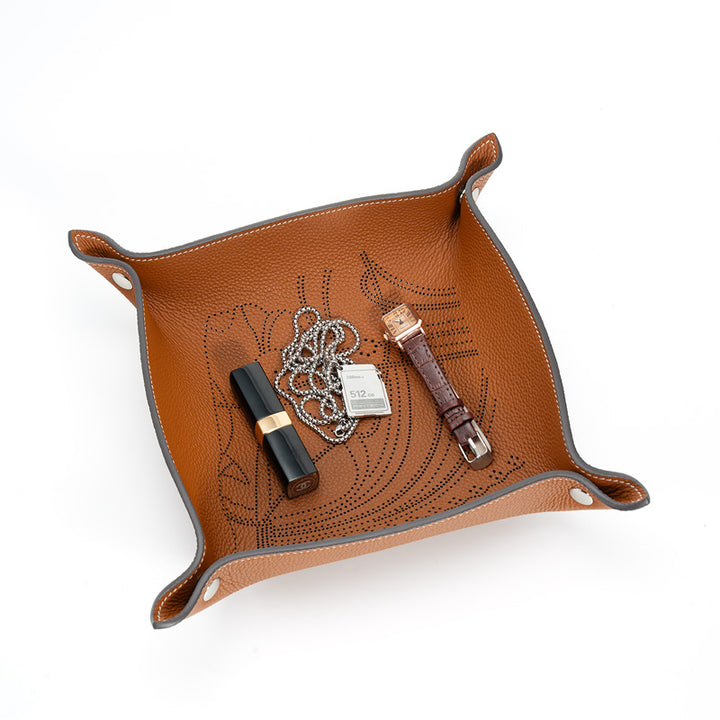 Embossed Leather Catchall Tray Foldable Cowhide Valet Tray with Botanical Pattern