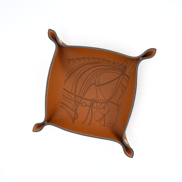 Embossed Leather Catchall Tray Foldable Cowhide Valet Tray with Botanical Pattern