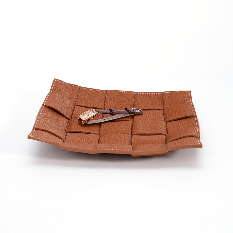Woven Leather Valet Tray Top Grain Cowhide Catchall Tray for Desk &amp; Nightstand