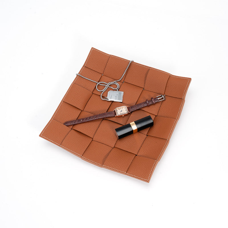 Woven Leather Valet Tray Top Grain Cowhide Catchall Tray for Desk &amp; Nightstand