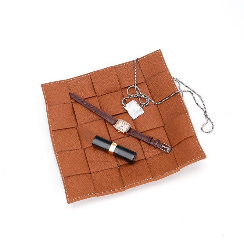 Woven Leather Valet Tray Top Grain Cowhide Catchall Tray for Desk &amp; Nightstand