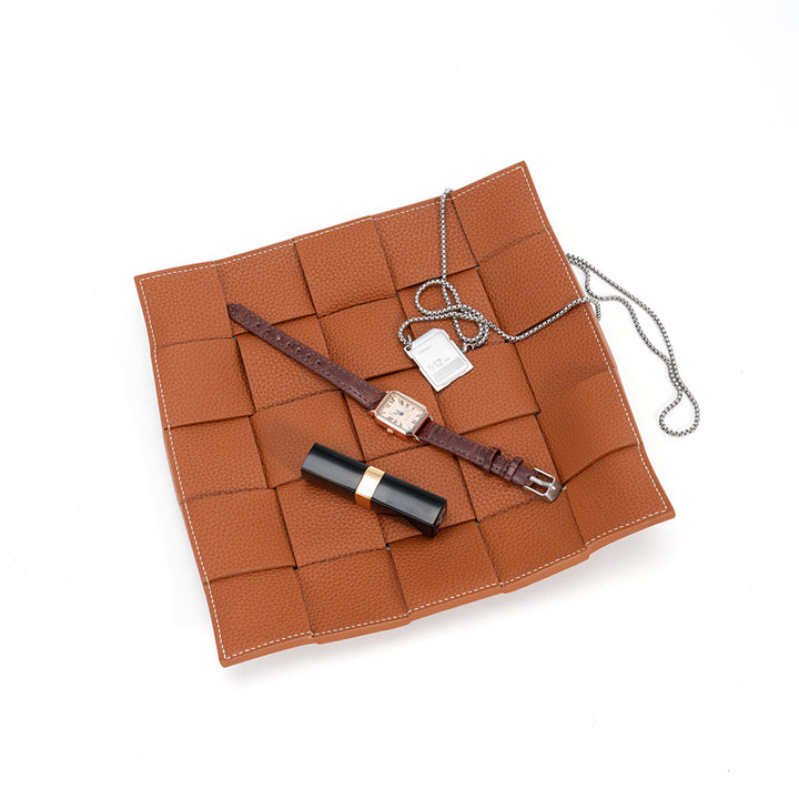 Woven Leather Valet Tray Top Grain Cowhide Catchall Tray for Desk &amp; Nightstand