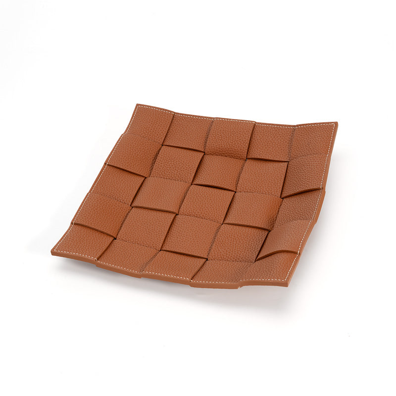 Woven Leather Valet Tray Top Grain Cowhide Catchall Tray for Desk &amp; Nightstand