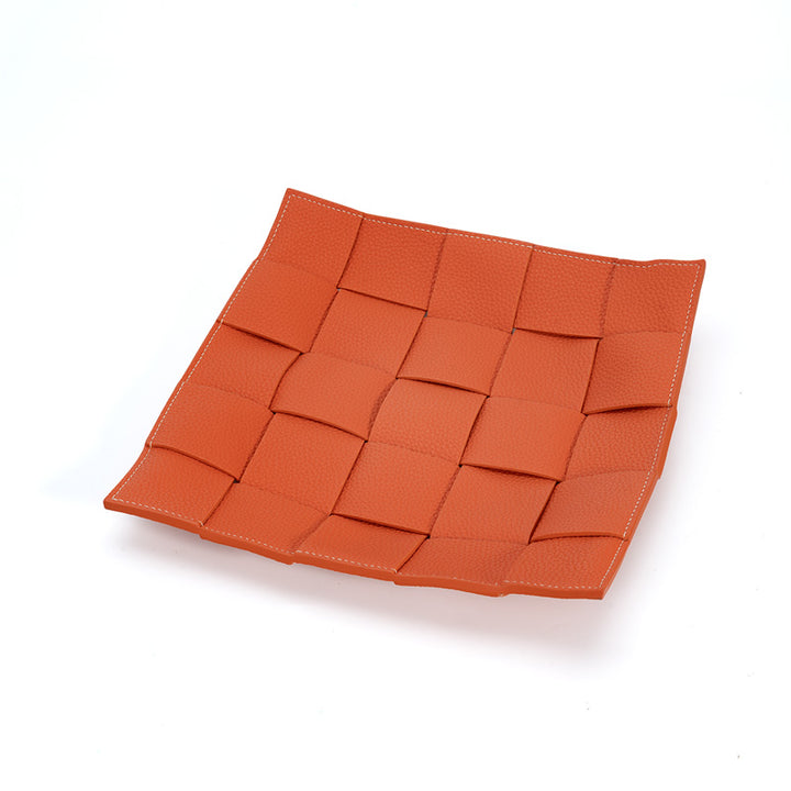 Woven Leather Valet Tray Top Grain Cowhide Catchall Tray for Desk &amp; Nightstand