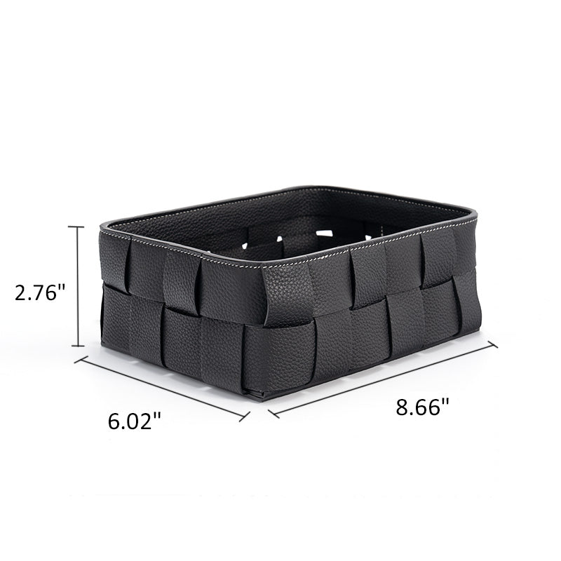 Woven Leather Storage Basket Top Grain Cowhide Braided Organizer Bin for Desk &amp; Home