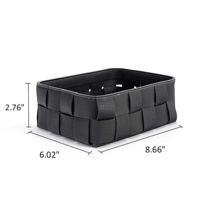Woven Leather Storage Basket Top Grain Cowhide Braided Organizer Bin for Desk &amp; Home