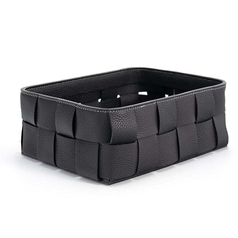 Woven Leather Storage Basket Top Grain Cowhide Braided Organizer Bin for Desk &amp; Home
