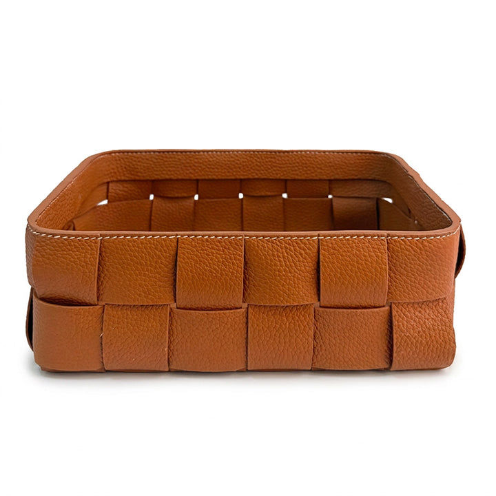 Woven Leather Storage Basket Top Grain Cowhide Braided Organizer Bin for Desk &amp; Home