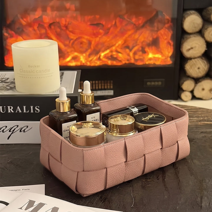 Woven Leather Storage Basket Top Grain Cowhide Braided Organizer Bin for Desk &amp; Home