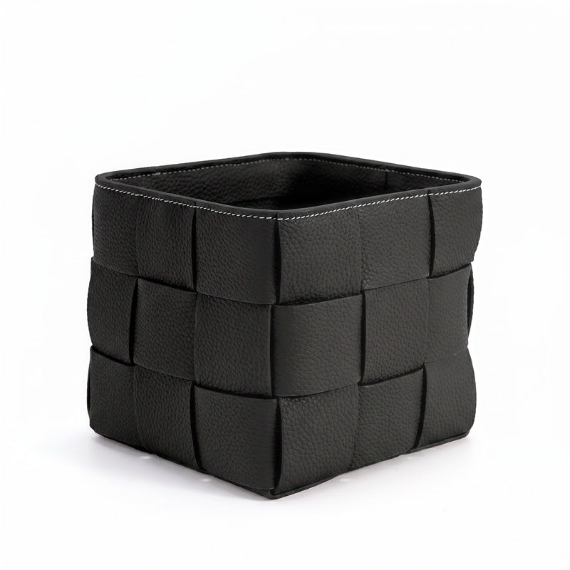 Woven Leather Basket Handcrafted Top Grain Cowhide Desktop Organizer 5 Colors