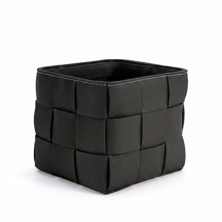 Woven Leather Basket Handcrafted Top Grain Cowhide Desktop Organizer 5 Colors