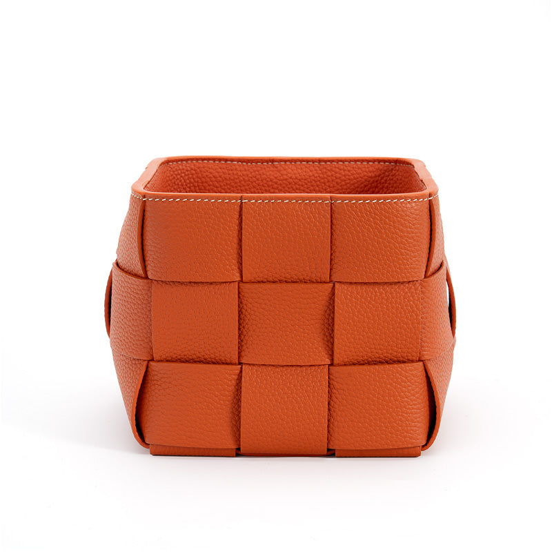 Woven Leather Basket Handcrafted Top Grain Cowhide Desktop Organizer 5 Colors