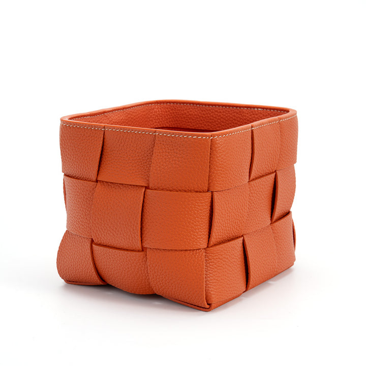 Woven Leather Basket Handcrafted Top Grain Cowhide Desktop Organizer 5 Colors