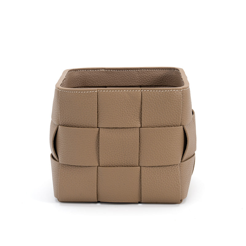 Woven Leather Basket Handcrafted Top Grain Cowhide Desktop Organizer 5 Colors