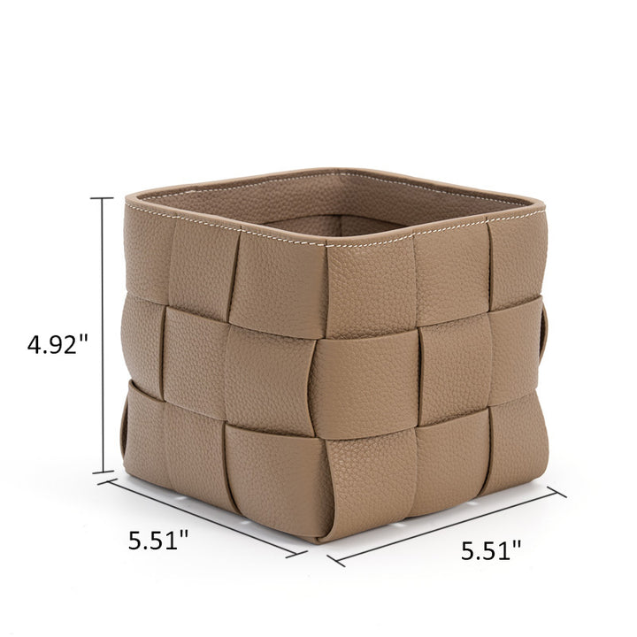 Woven Leather Basket Handcrafted Top Grain Cowhide Desktop Organizer 5 Colors