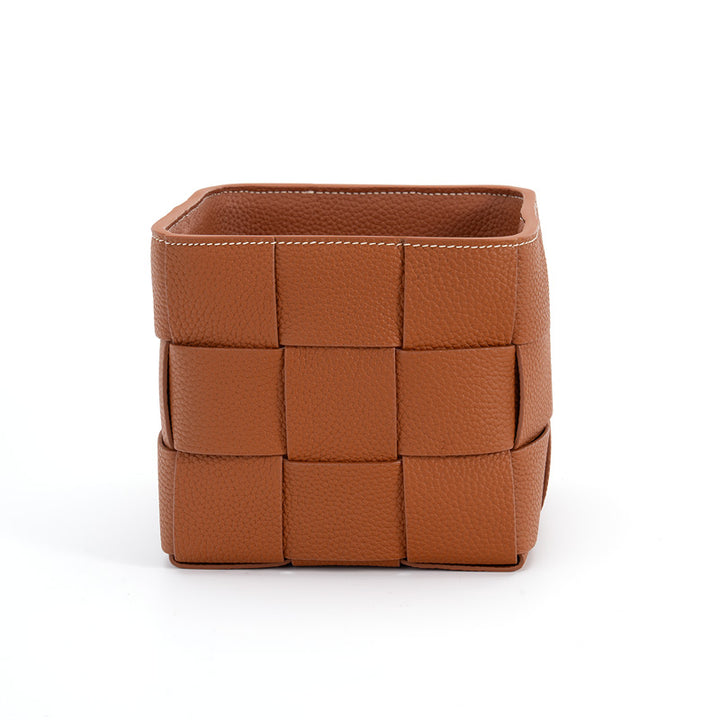 Woven Leather Basket Handcrafted Top Grain Cowhide Desktop Organizer 5 Colors