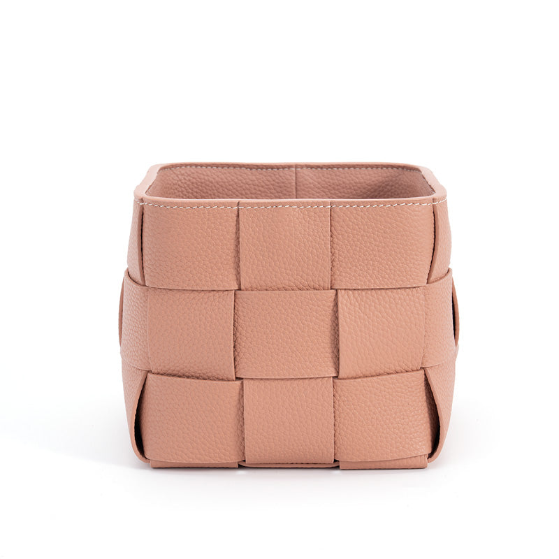Woven Leather Basket Handcrafted Top Grain Cowhide Desktop Organizer 5 Colors