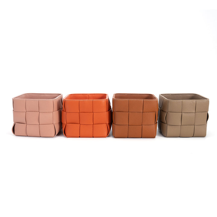 Woven Leather Basket Handcrafted Top Grain Cowhide Desktop Organizer 5 Colors