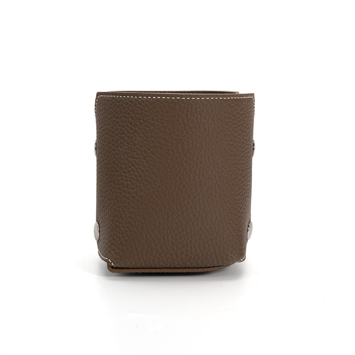 Pen Holder Top Grain Leather Foldable Pencil Cup Desk Organizer with Snap Button