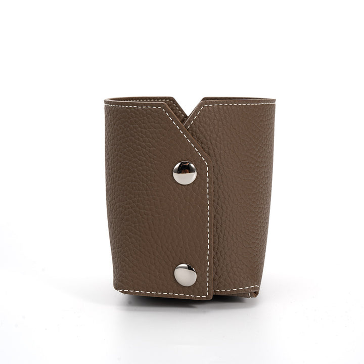Pen Holder Top Grain Leather Foldable Pencil Cup Desk Organizer with Snap Button