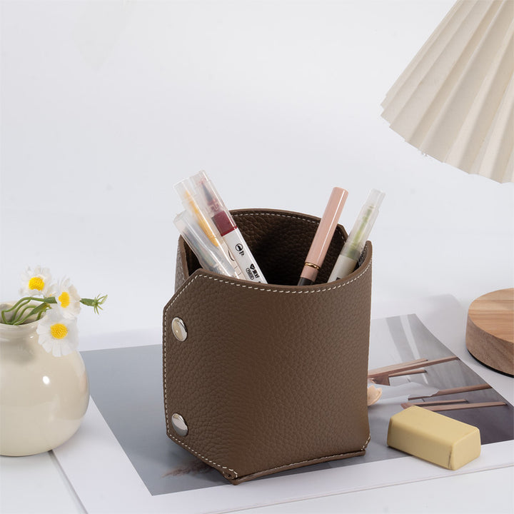 Pen Holder Top Grain Leather Foldable Pencil Cup Desk Organizer with Snap Button