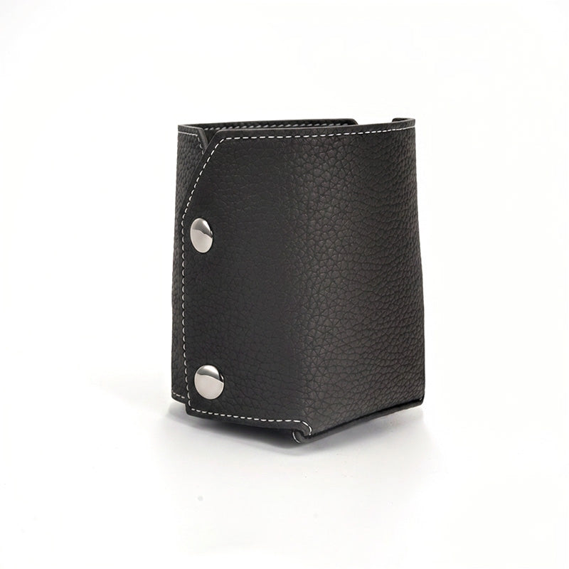 Pen Holder Top Grain Leather Foldable Pencil Cup Desk Organizer with Snap Button