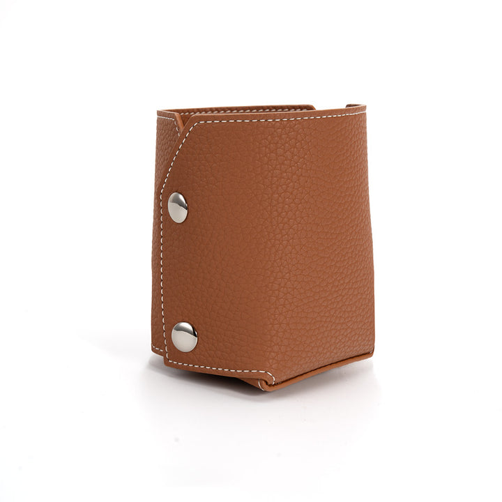Pen Holder Top Grain Leather Foldable Pencil Cup Desk Organizer with Snap Button