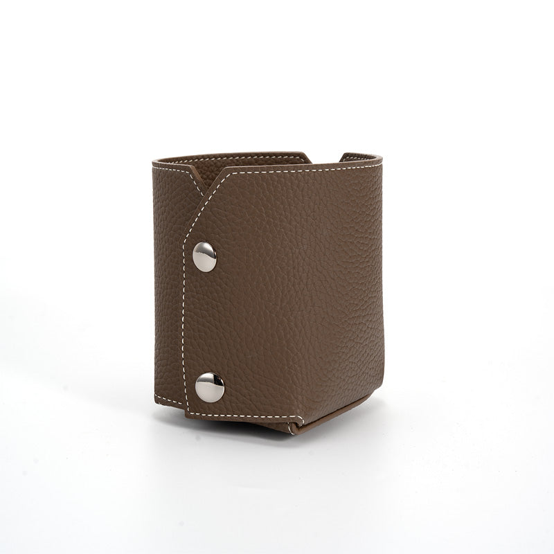 Pen Holder Top Grain Leather Foldable Pencil Cup Desk Organizer with Snap Button