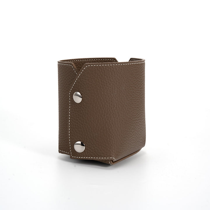 Pen Holder Top Grain Leather Foldable Pencil Cup Desk Organizer with Snap Button