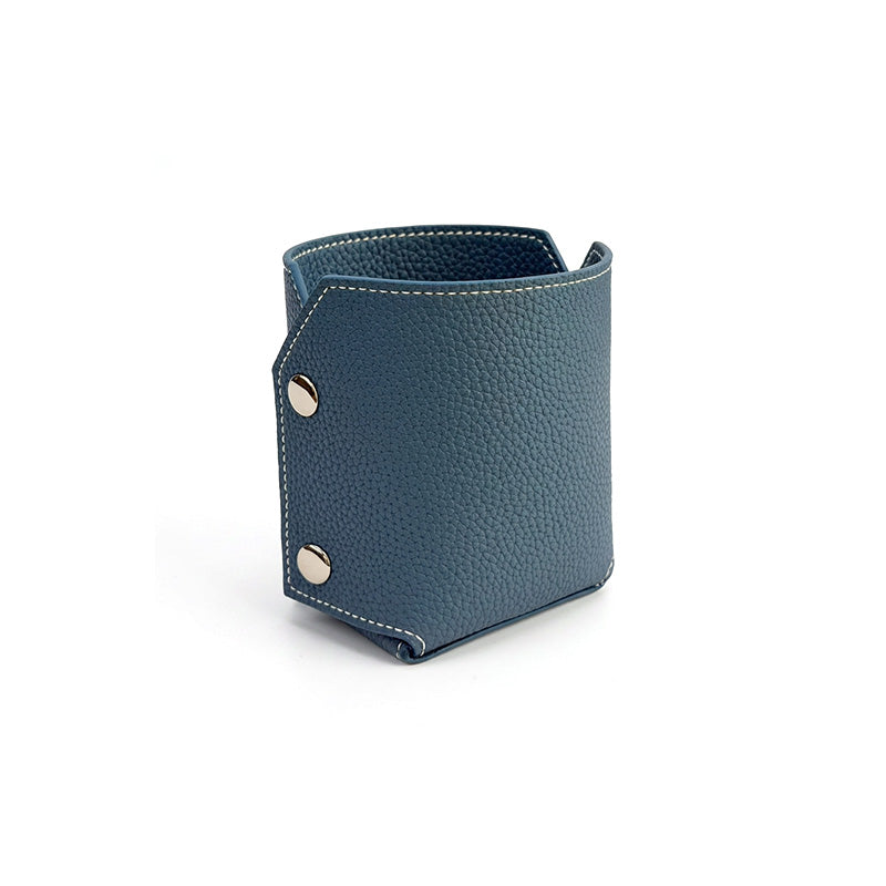 Pen Holder Top Grain Leather Foldable Pencil Cup Desk Organizer with Snap Button