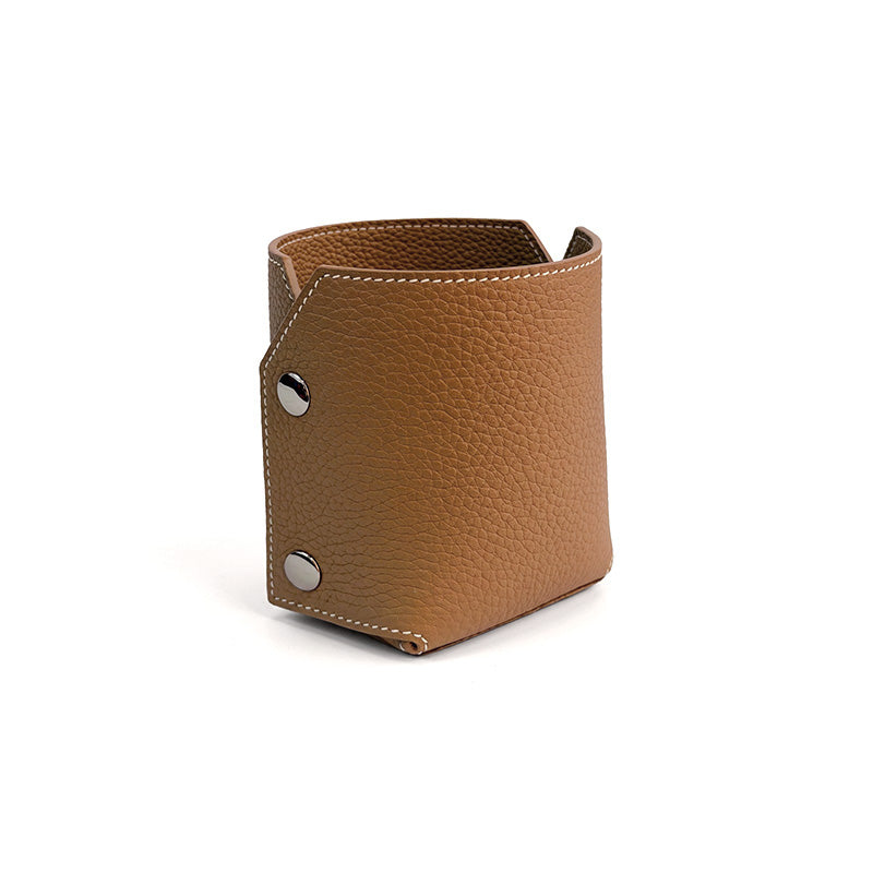 Pen Holder Top Grain Leather Foldable Pencil Cup Desk Organizer with Snap Button