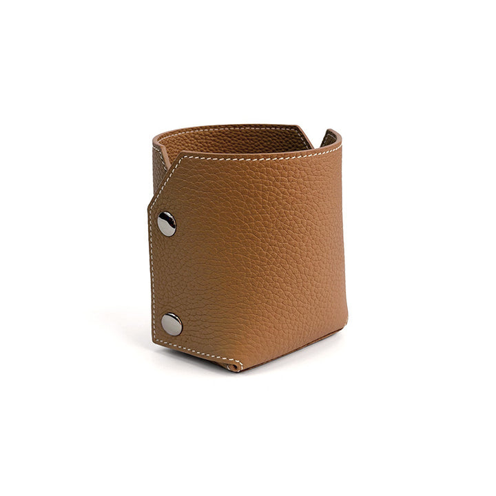 Pen Holder Top Grain Leather Foldable Pencil Cup Desk Organizer with Snap Button
