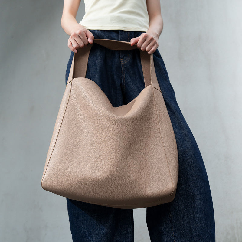 Leather Hobo Tote Bag Top Grain Minimalist Large Shoulder Bag with Removable Pouch