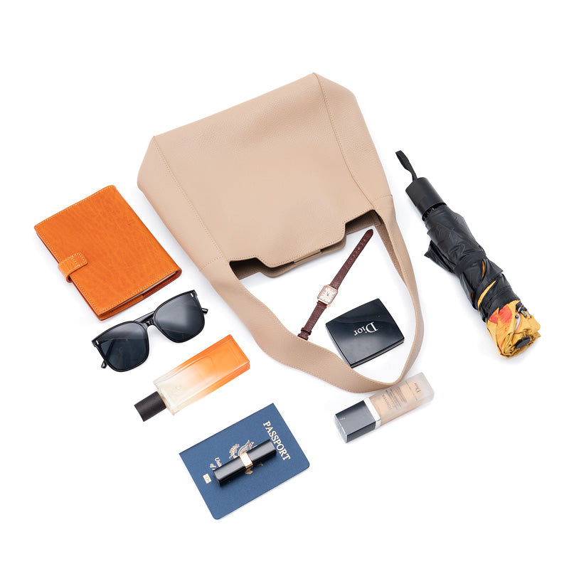 Leather Bucket Tote Bag Full Grain Beige Shoulder Bag with Removable Zip Pouch