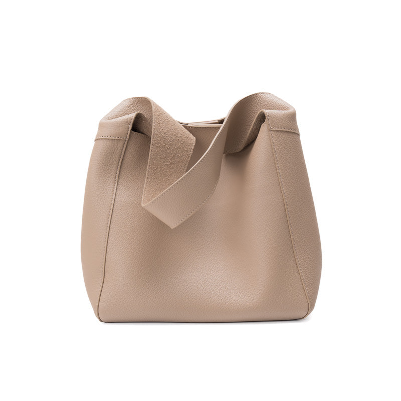 Leather Bucket Tote Bag Full Grain Beige Shoulder Bag with Removable Zip Pouch