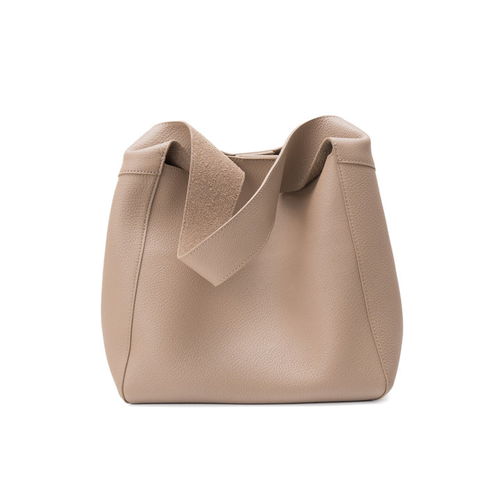 Leather Bucket Tote Bag Full Grain Beige Shoulder Bag with Removable Zip Pouch