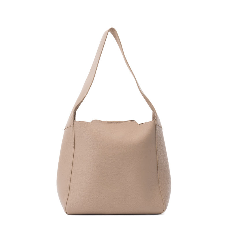 Leather Bucket Tote Bag Full Grain Beige Shoulder Bag with Removable Zip Pouch