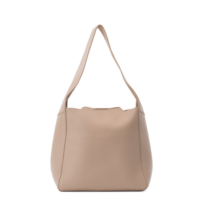 Leather Bucket Tote Bag Full Grain Beige Shoulder Bag with Removable Zip Pouch