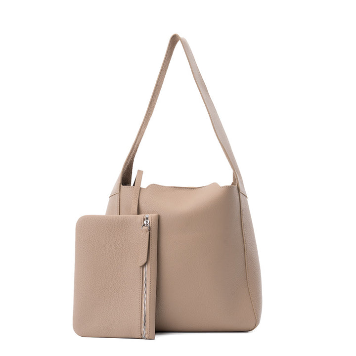 Leather Bucket Tote Bag Full Grain Beige Shoulder Bag with Removable Zip Pouch
