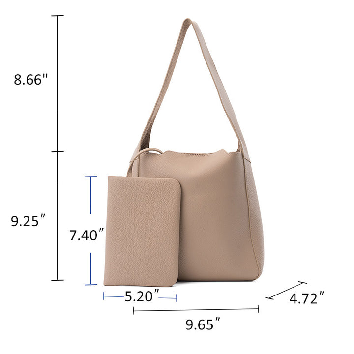 Leather Bucket Tote Bag Full Grain Beige Shoulder Bag with Removable Zip Pouch